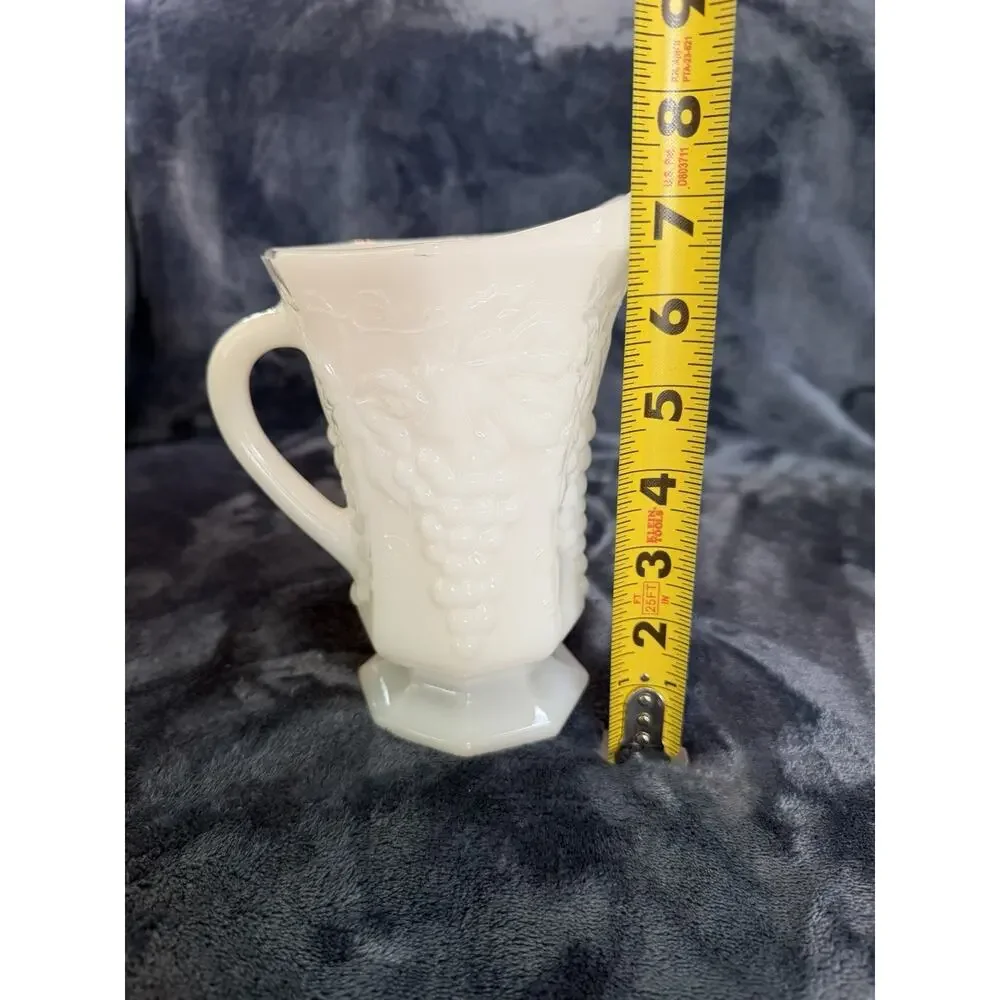 Vintage Anchor Hocking Style Milk Glass Grape Leaf Footed Pitcher 7”